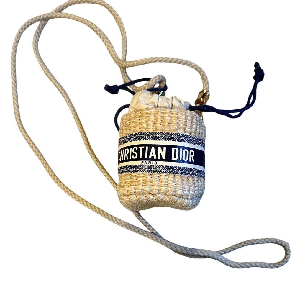 Christian Dior Wicker Bucket Bag Mini Straw Crossbody Navy Blue Natural GWP - Picture 7 of 8
